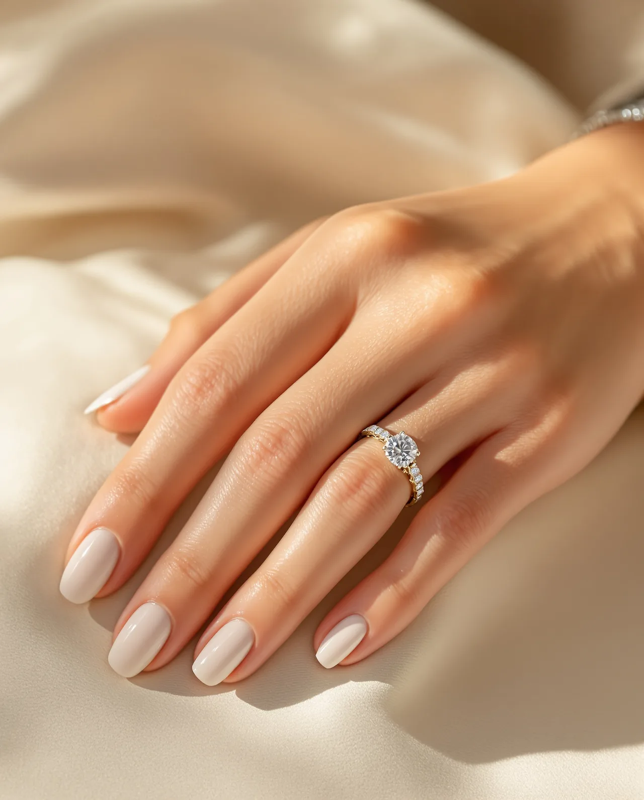 A hand wearing a Kiran diamond solitaire ring